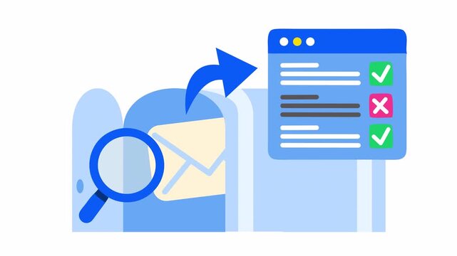 Digital mail audit icon with open mailbox and communication error checklist in an alpha channel. Flat design of email security screening with an alert sign. Document business validation symbol.