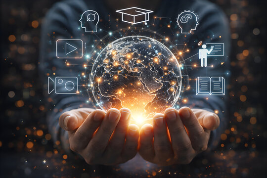 Hands Holding Digital Earth with Online Education and Global Learning Icons