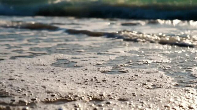Close-up of White Sea Foam Bubbling on Golden Sand