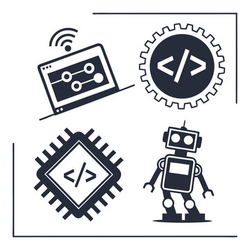 A vector graphic illustration of coding and robotics symbols in a flat design style