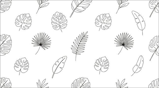 tropical leaves seamless pattern, black and white line art botanical background