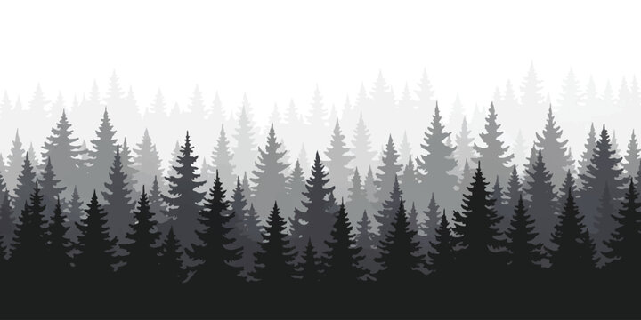 A monochromatic pixel art illustration featuring a dense forest with layers of pine tree silhouettes