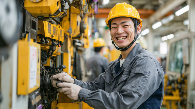 清潔な工場内で機械設備を丁寧に点検する若い日本人男性スタッフのメンテナンス業務風景