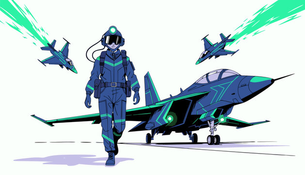 A futuristic pilot in a sleek blue and green flight suit walks towards a high-tech fighter jet with smaller planes flying in the background.