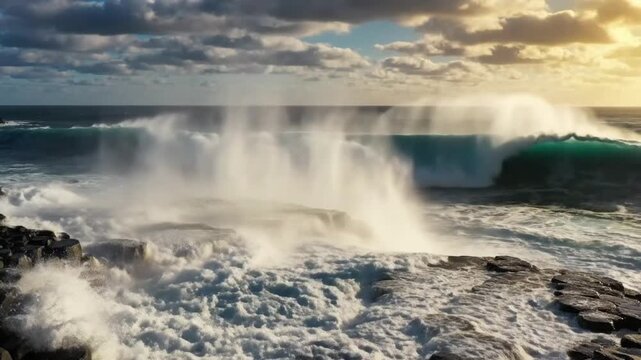 Powerful Ocean Waves Crashing Against Volcanic Rock Formations