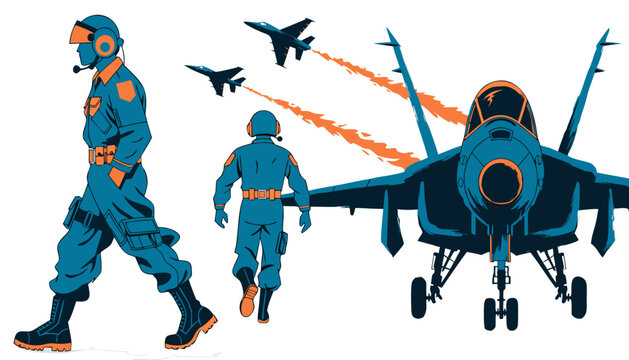 A vector graphic illustration of military pilots walking towards a fighter jet with other planes flying in the background