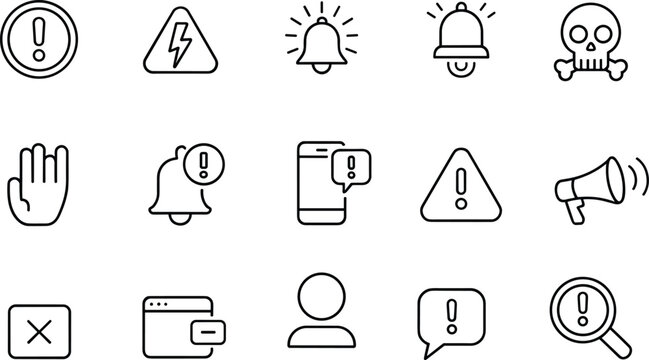 Set of Black Outline Icons for Alerts Notifications and Warnings exclamation mark circle warning triangle lightning