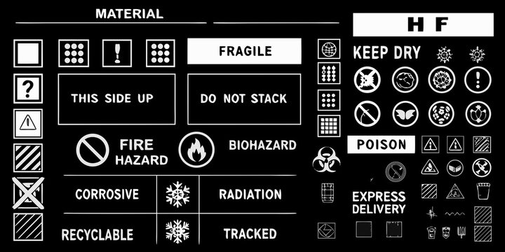 Collection of various shipping and hazard warning symbols on a black background