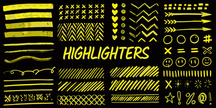 A collection of hand drawn yellow highlighter shapes and doodles on black