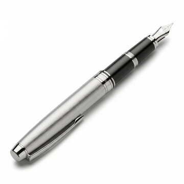 Silver and black fountain pen with ribbed metal cap and clip