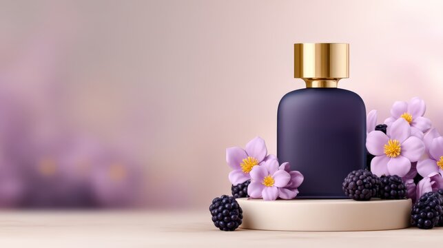 A matte black perfume bottle with a gold cap, surrounded by delicate purple flowers and fresh blackberries on a soft pastel background.