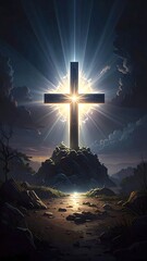 Fototapeta premium A glowing cross on a rocky hill with radiant beams