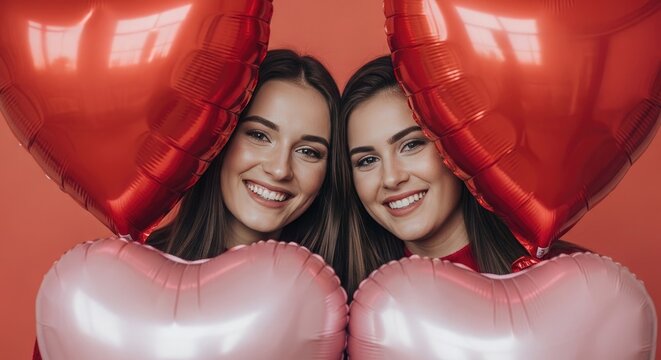 Twin sisters with heart shaped balloons a portrait of joy and connection