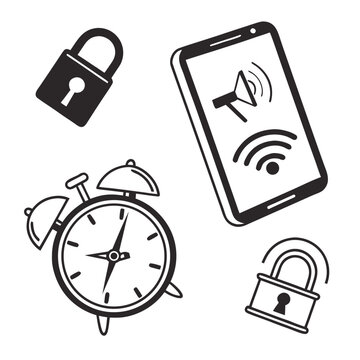 A vector graphic illustration of a smartphone with alarm clock and lock icons