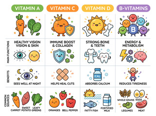 Fototapeta premium Discover Essential Vitamins: An Engaging Infographic with Cute Cartoon Icons Detailing Health Benefits and Food Sources for Well-being Education