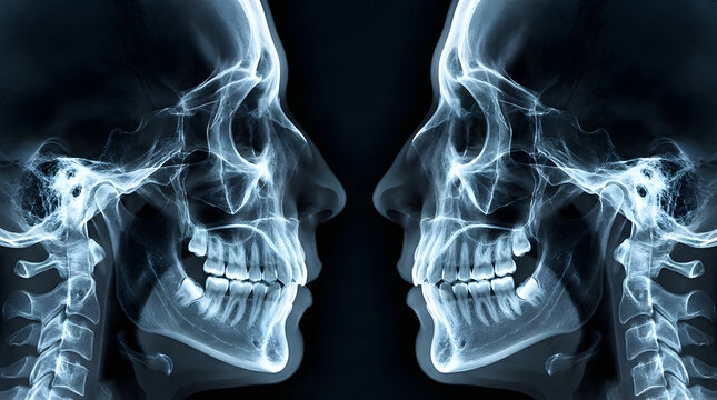Lateral cephalometric dental x-ray of jaw and teeth. Orthodontic alignment and maxillofacial surgery planning. Detailed blue tinted radiograph showing facial bone structure