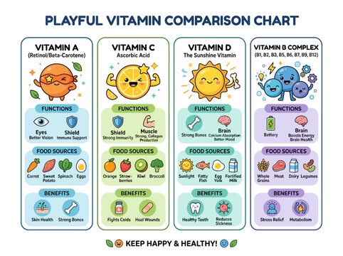 Colorful educational infographic chart comparing essential vitamin functions, food sources, and health benefits with playful cartoon icons.