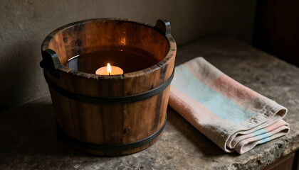 Fototapeta premium Rustic still life wooden bucket with burning candle and folded cloth