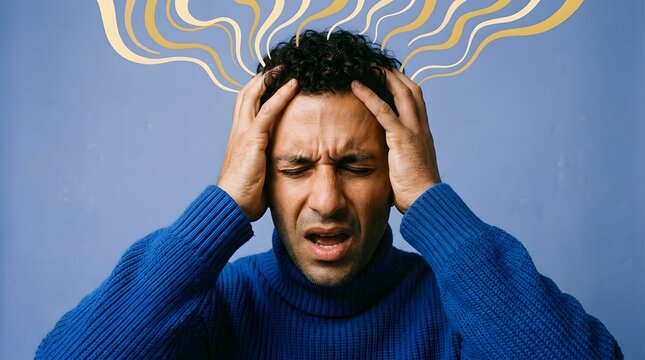 Intense chronic pain and cluster headache agony. Neuropathic disorder and sensory overload. Middle aged man shouting in pain while holding his temples and head