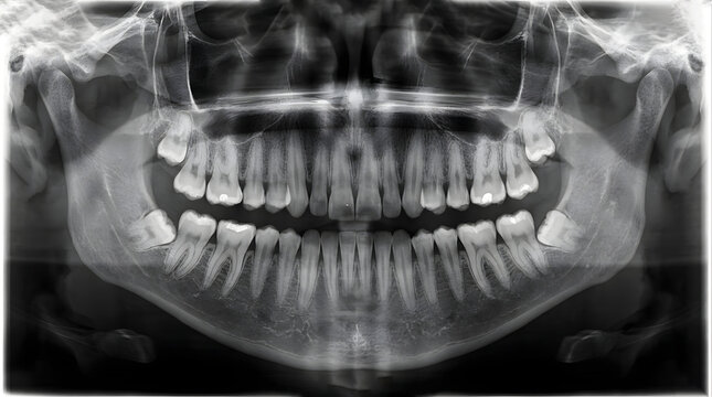 Full panoramic dental radiograph showing upper and lower teeth. Maxillofacial surgery and oral health assessment. Detailed x-ray scan of human mandible and teeth with white fillings.