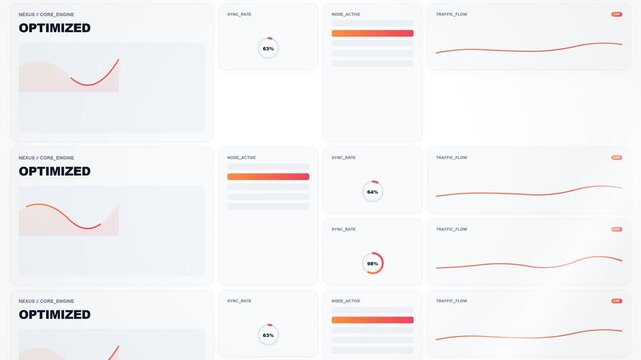 Technology dashboard with data visualization and graphs, dynamic motion graphics with orange and red lines on white background, seamless loop, symbolizing innovation and data analysis