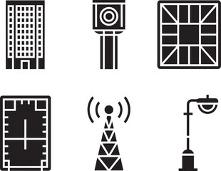 Fototapeta premium Cityscape Icons: Buildings, Cell Tower, Street Lamp, and Surveillance Camera in outline style