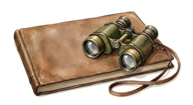 Watercolor illustration of vintage binoculars resting on a closed old leather-bound book or journal, isolated on a white textured paper background.