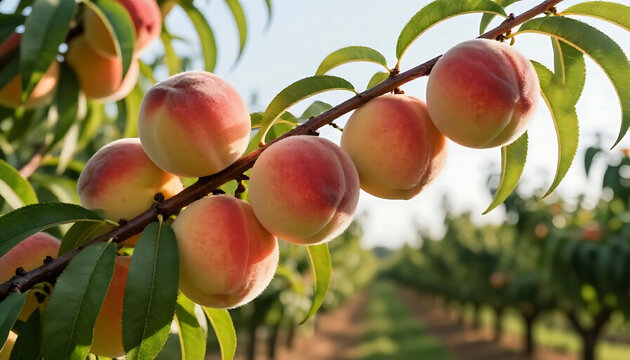 Ripe peaches hanging on a branch in an orchard