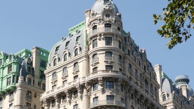 New York City Manhattan Broadway street Ansonia building 1904, United States of America. Hotel or condos in Upper West Side. Old historic condominiums architecture, green cooper patina on roof in USA.