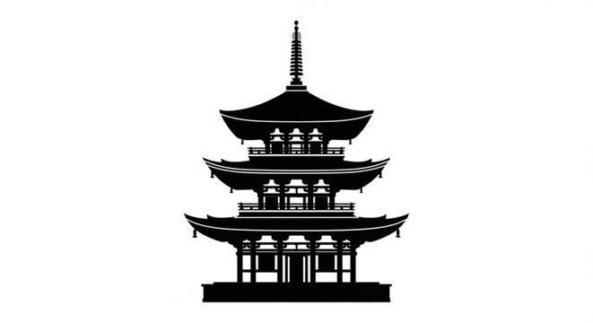 Elegant black silhouette of a traditional Japanese multi-tiered pagoda, symbolizing ancient architecture and spiritual tranquility in an iconic graphic design