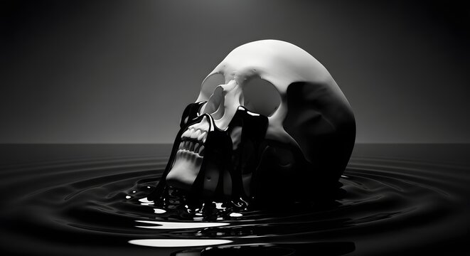 Human skull submerged in black liquid oil. Mortality and environmental pollution concept. Anatomical skull floating in dark viscous fluid with ripples