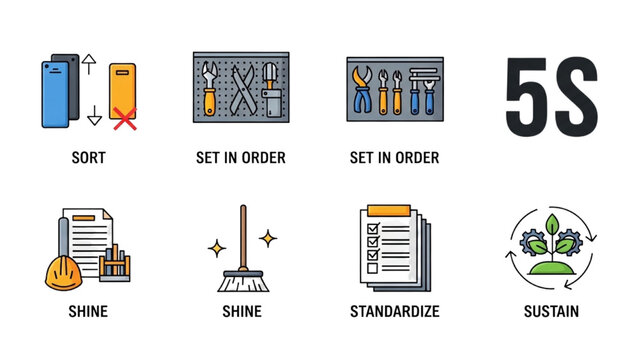 5S System Lean Manufacturing Icon Set, Sort Set in Order Shine Standardize Sustain Symbols, Colorful Vector Icons for Industrial Process Improvement