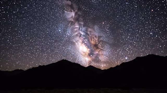 山のシルエットの上に広がる満天の星空と美しい天の川の絶景