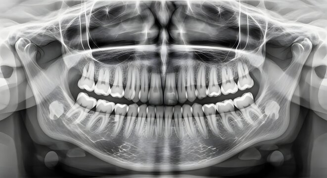 Panoramic dental X-ray showing complete upper and lower jaw. Oral health assessment and tooth alignment. Full mouth radiograph displaying all teeth and roots
