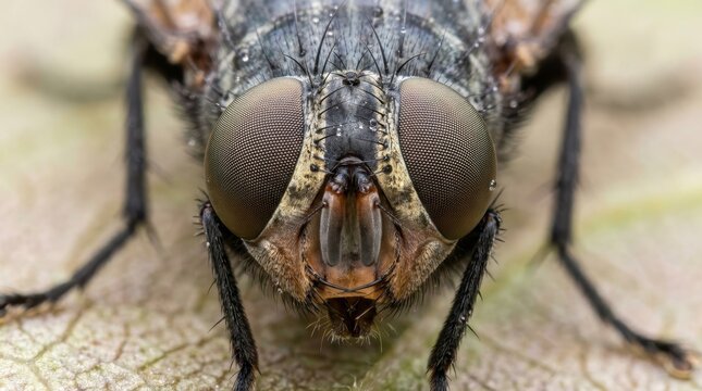 Super macro view close up of insect face hyper details, front view looking a camera
