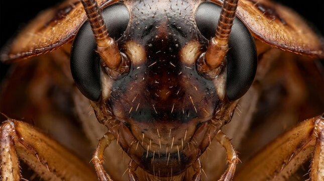 Super macro view close up of insect face hyper details, front view looking a camera