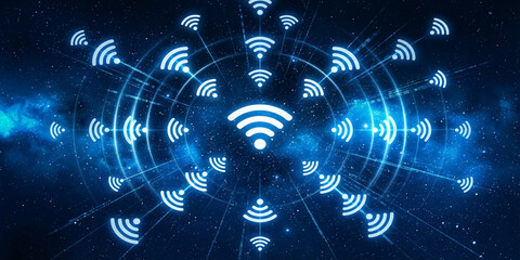 Fototapeta premium Wireless Internet Signals Radiating Across Space on Dark Blue Background