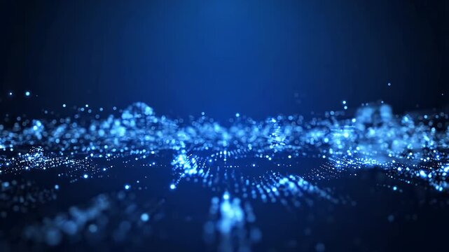 青いサイバー空間に広がるデジタルな光の粒子とデータの抽象背景