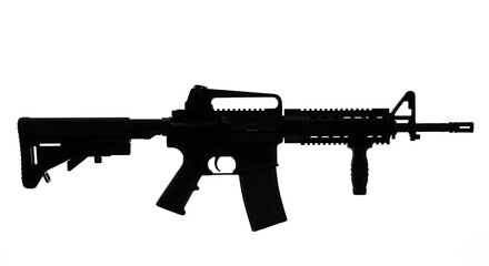 Obraz premium Silhouette of a rifle, showing barrel, stock, magazine, handle, and scope details, isolated