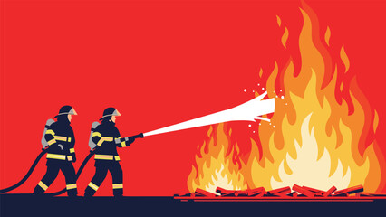 Naklejka premium Two firefighters in full gear using a water hose to extinguish a large flame representing emergency response services.