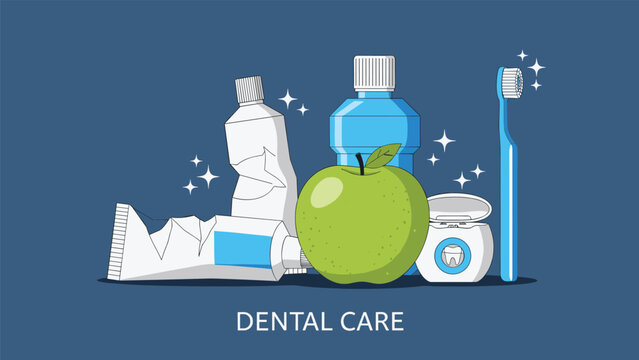 Set of dental care items including toothpaste, mouthwash, dental floss, and a toothbrush arranged with a fresh green apple.