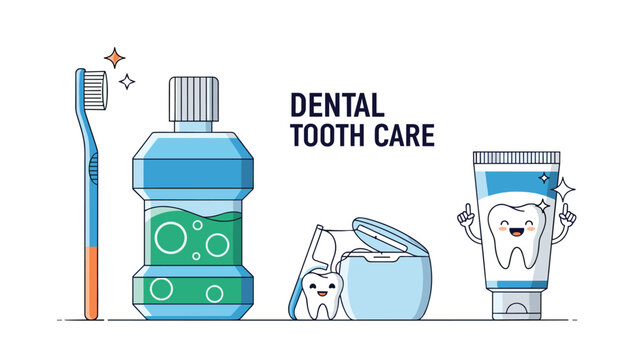Collection of dental care products featuring a toothbrush, mouthwash, dental floss, and a happy cartoon tooth on toothpaste tube.