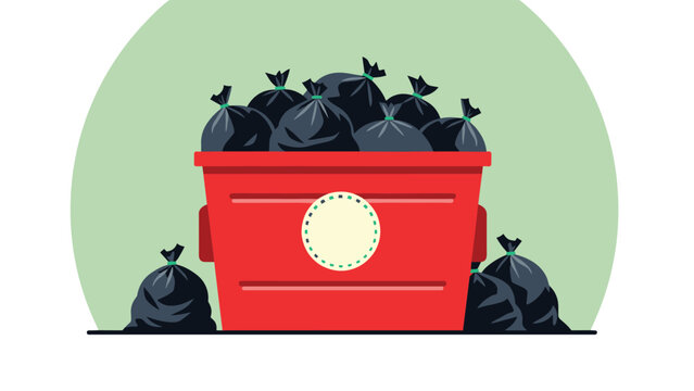 Waste management concept featuring a red dumpster overflowing with black garbage bags isolated against a green background.