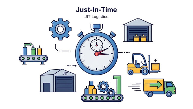 Just In Time JIT Manufacturing Icon Set, Logistics and Supply Chain Symbols, Colorful Vector Icons for Production Efficiency and Lean Management Set
