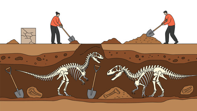 Paleontology excavation scene showing researchers digging for dinosaur skeletons in different layers of the underground soil.