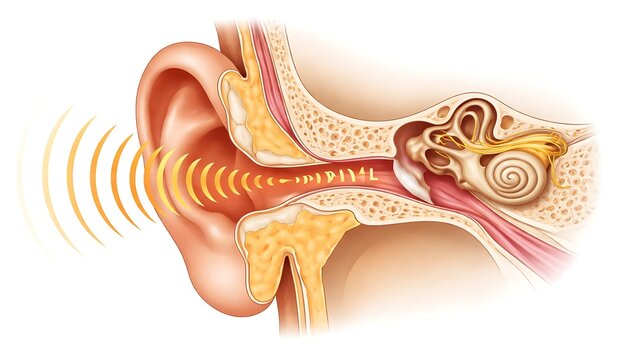 Illustration showing sound waves entering the human ear canal, highlighting the auditory system.