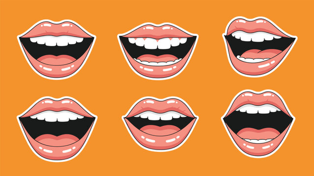 Cartoon mouth expressions with white teeth and pink lips showing various emotions on a bright orange background.
