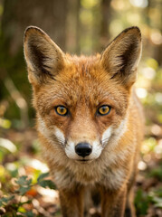 Fototapeta premium Red fox standing in the forest looking at the camera