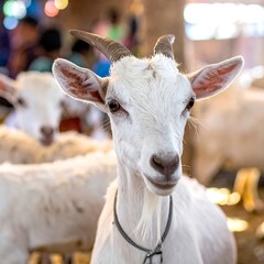 Obraz premium White goat close up, looking directly at the viewer, other goats blurred