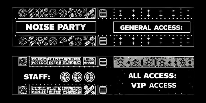Black and white image displaying security or access badges and glitch effects